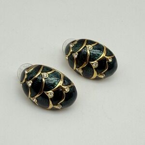 Vintage Joan Rivers Dark Blue Enamel & Rhinestone Egg Shaped Pierced Earrings